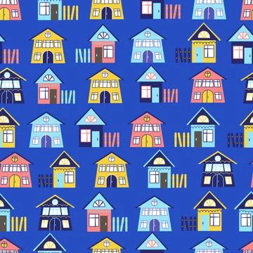 Funny multi-colored houses pattern on a blue background vector illustration. In Stock Illustration