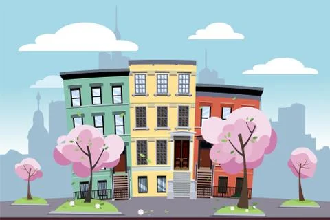 Funny multi-colored low city apartment buildings on the background of a big c Ilustración de archivo