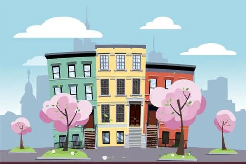 Funny multi-colored low city apartment buildings on the background of a big c Ilustración de archivo