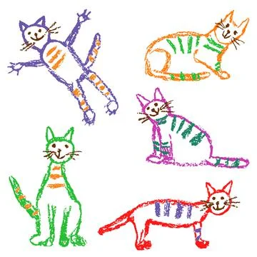 Funny multicolor tabby cat set. Wax crayon like child`s hand drawn cute kitten Stock Illustration