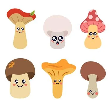 Funny Mushrooms With Faces. Flat Style Vector Illustration Stock Illustration
