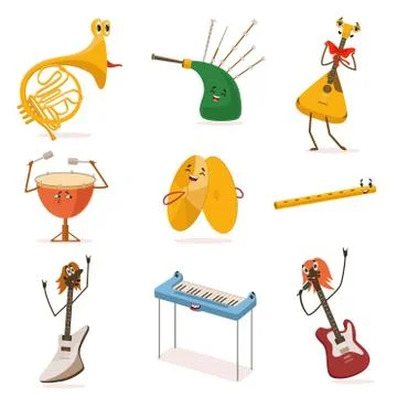 Funny Musical Instruments Cartoon Characters with Funny Faces Set, Guitar Illustrazione stock