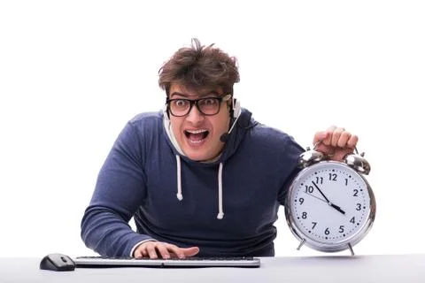 Funny nerd call center operator with giant clock Stock Photos