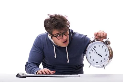 Funny nerd call center operator with giant clock Stock Photos
