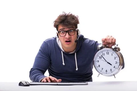 Funny nerd call center operator with giant clock Stock Photos
