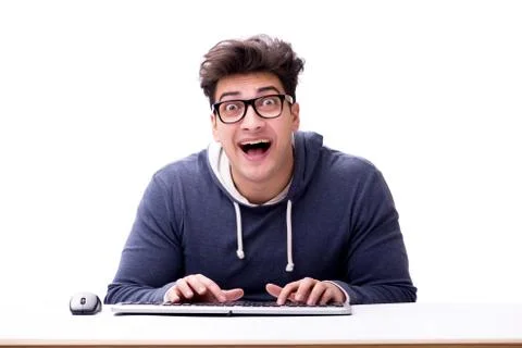 Funny nerd man working on computer isolated on white Stock Photos