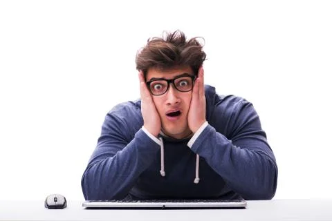 Funny nerd man working on computer isolated on white Stock Photos