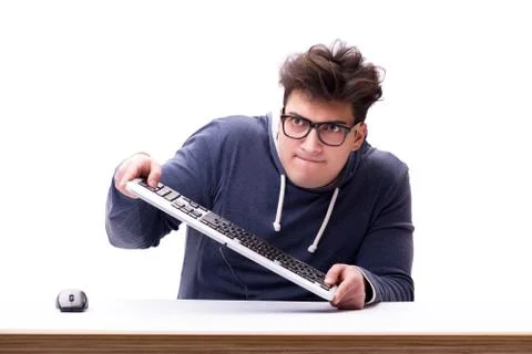 Funny nerd man working on computer isolated on white Stock Photos
