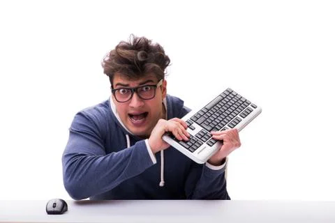 Funny nerd man working on computer isolated on white Stock Photos