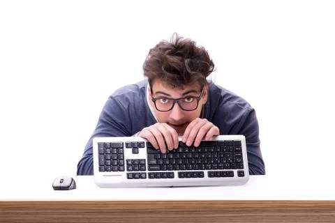Funny nerd man working on computer isolated on white Stock Photos
