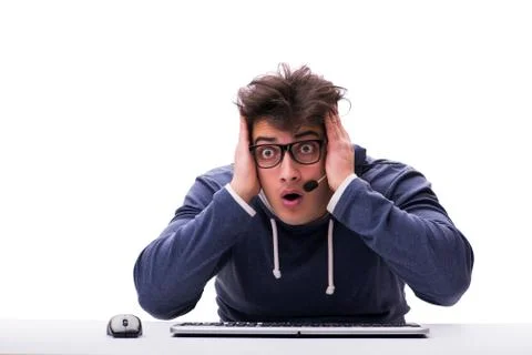 Funny nerd man working on computer isolated on white Stock Photos