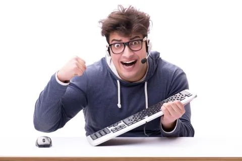 Funny nerd man working on computer isolated on white Stock Photos