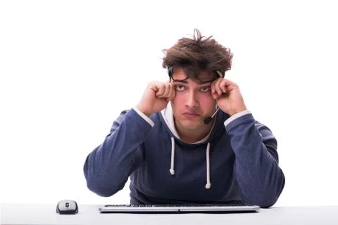 Funny nerd man working on computer isolated on white Stock Photos
