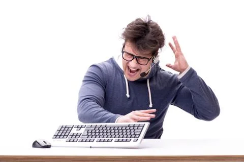 Funny nerd man working on computer isolated on white Stock Photos