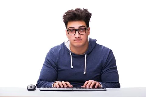 Funny nerd man working on computer isolated on white Stock Photos