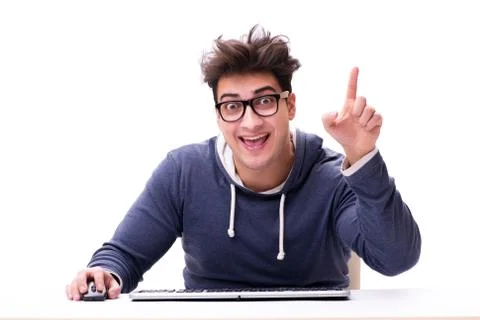 Funny nerd man working on computer isolated on white Stock Photos