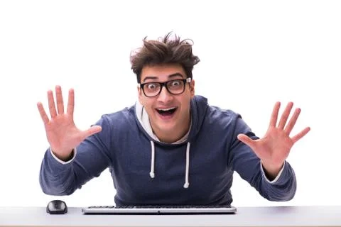 Funny nerd man working on computer isolated on white Stock Photos