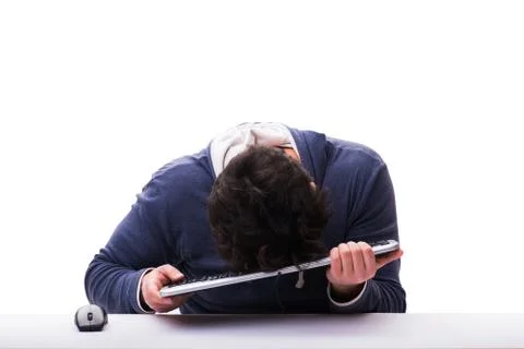Funny nerd man working on computer isolated on white Stock Photos