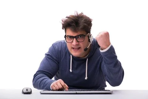 Funny nerd man working on computer isolated on white Stock Photos