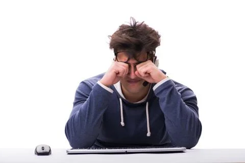 Funny nerd man working on computer isolated on white Stock Photos