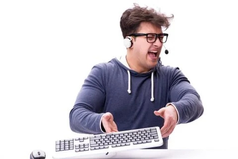 Funny nerd man working on computer isolated on white Stock Photos