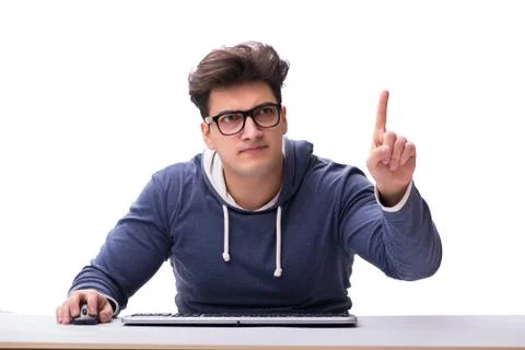 Funny nerd man working on computer isolated on white Stock Photos