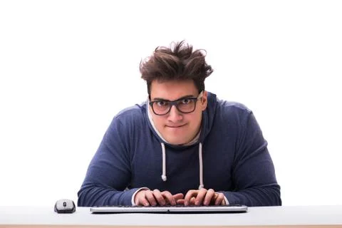 Funny nerd man working on computer isolated on white Stock Photos