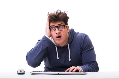 Funny nerd man working on computer isolated on white Stock Photos