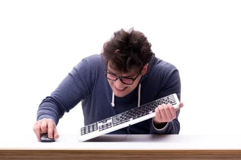 Funny nerd man working on computer isolated on white Stock Photos
