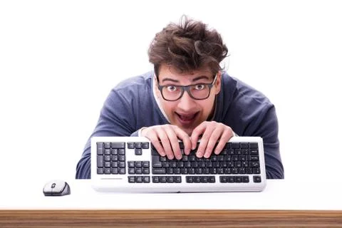 Funny nerd man working on computer isolated on white Stock Photos