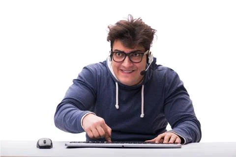 Funny nerd man working on computer isolated on white Stock Photos