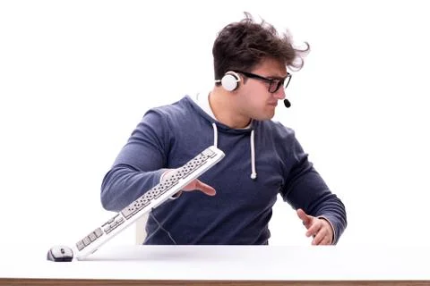 Funny nerd man working on computer isolated on white Stock Photos