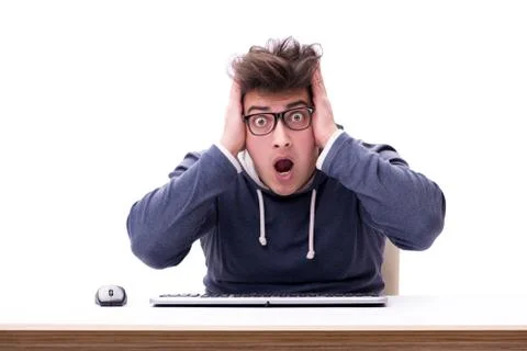 Funny nerd man working on computer isolated on white Stock Photos