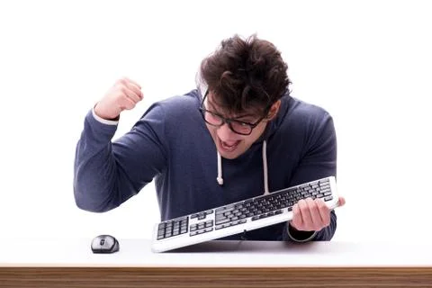 Funny nerd man working on computer isolated on white Stock Photos