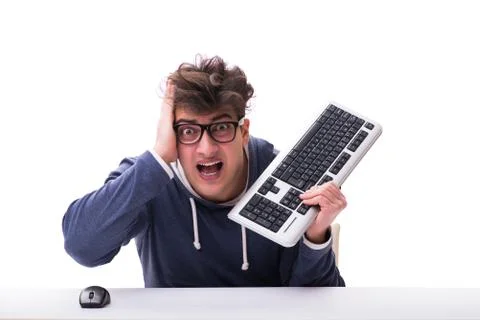 Funny nerd man working on computer isolated on white Stock Photos