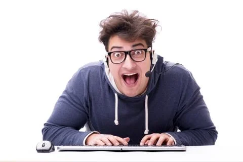 Funny nerd man working on computer isolated on white Stock Photos