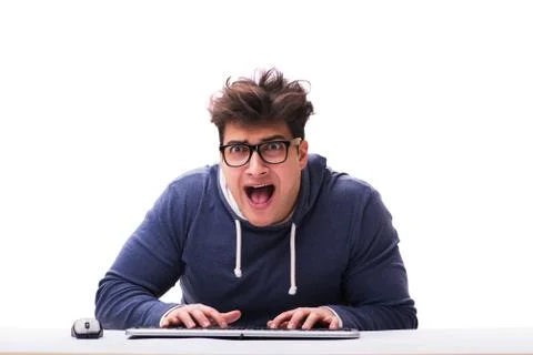 Funny nerd man working on computer isolated on white Stock Photos