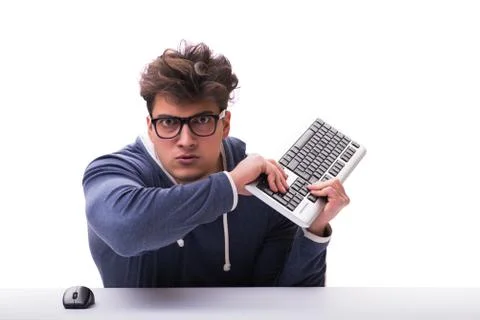 Funny nerd man working on computer isolated on white Stock Photos