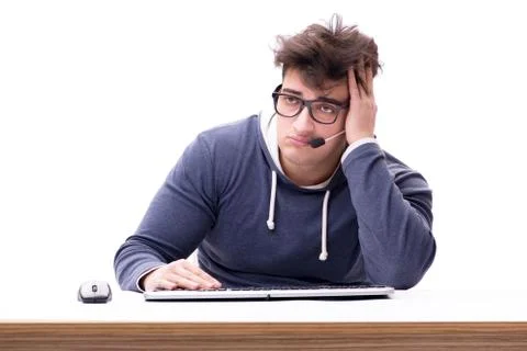 Funny nerd man working on computer isolated on white Stock Photos
