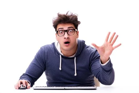 Funny nerd man working on computer isolated on white Stock Photos