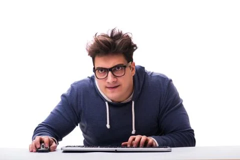 Funny nerd man working on computer isolated on white Stock Photos