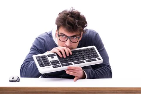Funny nerd man working on computer isolated on white Stock Photos