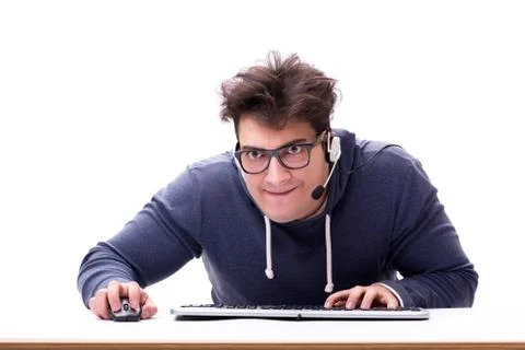 Funny nerd man working on computer isolated on white Stock Photos