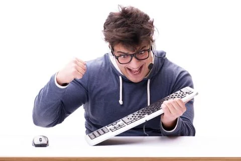 Funny nerd man working on computer isolated on white Stock Photos