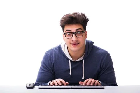 Funny nerd man working on computer isolated on white Stock Photos