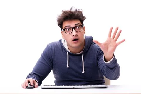 Funny nerd man working on computer isolated on white Stock Photos