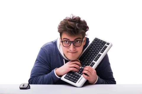 Funny nerd man working on computer isolated on white Stock Photos