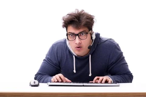 Funny nerd man working on computer isolated on white Stock Photos