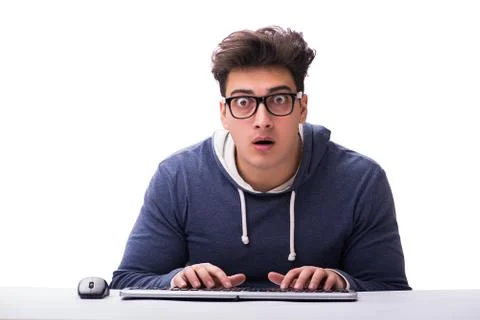 Funny nerd man working on computer isolated on white Stock Photos