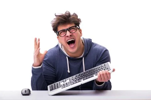 Funny nerd man working on computer isolated on white Stock Photos